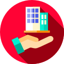 Flat icon of a hand holding a building