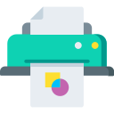 Cartoon printer printing a page with a colorful pie chart.