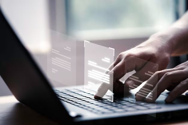 hand using laptop computer with virtual screen document online approve paperless quality assurance erp management concept 616485 61